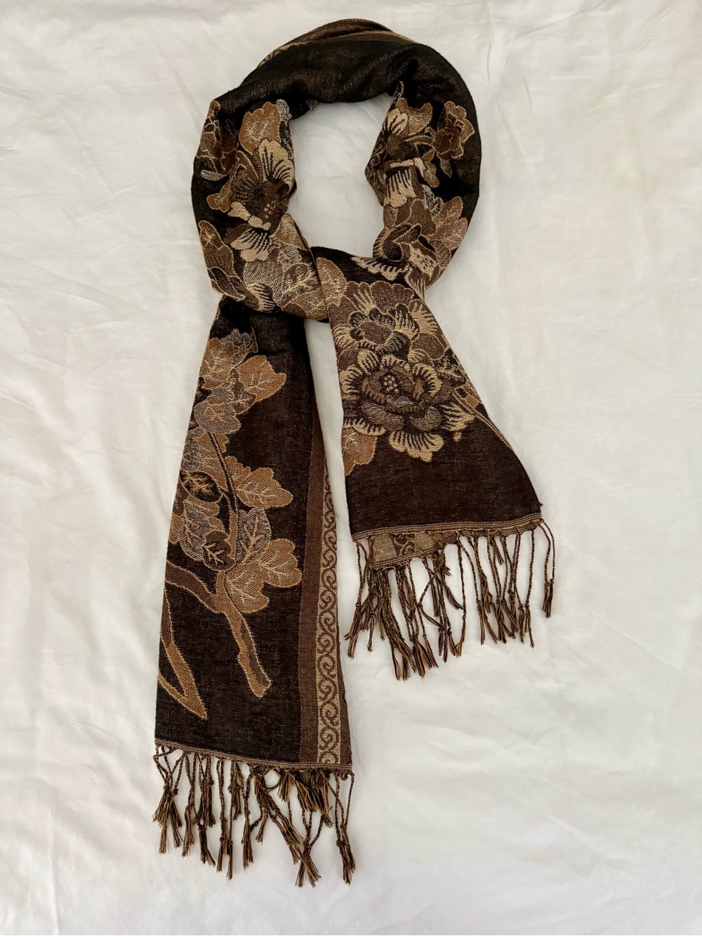 Reversible Black Brown Floral Jacquard Scarf Shawl Fringe Wrap Fall Tapestry